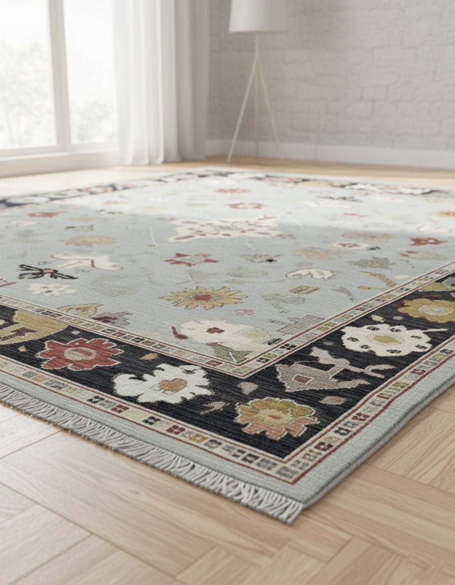 Hand-tufted light blue Oushak rug with floral medallion and navy border in wool