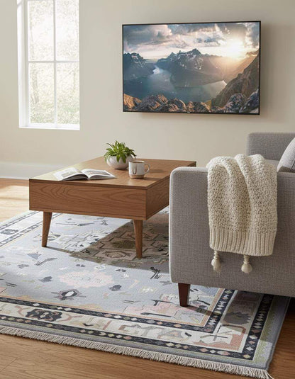 Soft gray Oushak rug with pastel geometric medallion and hand-tufted wool texture