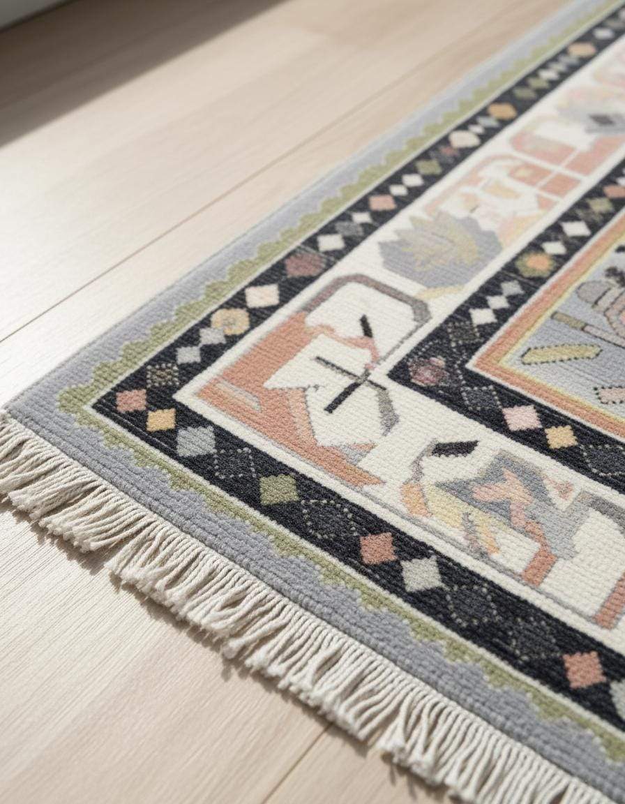 Soft gray Oushak rug with pastel geometric medallion, hand-tufted wool, featuring blush pink, sage green, and navy accents