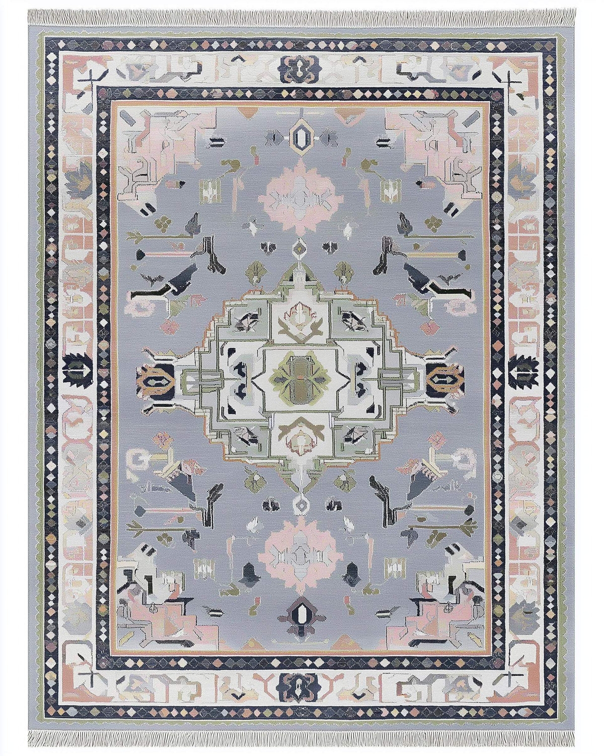 Soft Gray Oushak Rug with pastel geometric medallion and hand-tufted wool texture