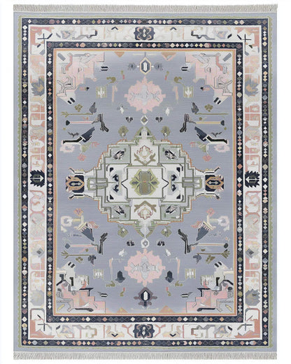 Soft Gray Oushak Rug with pastel geometric medallion and hand-tufted wool texture