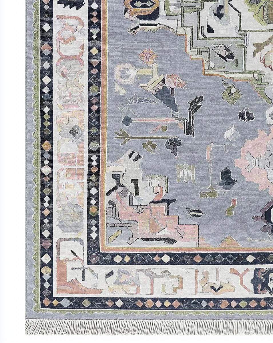 Soft gray Oushak rug with pastel geometric medallion and hand-tufted wool texture