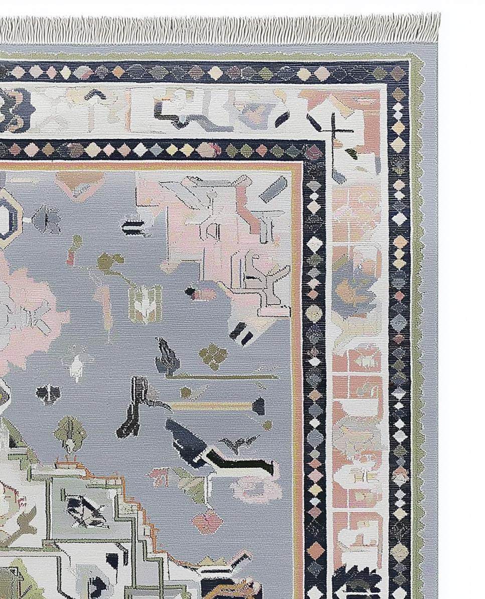 Soft gray Oushak rug with pastel geometric medallion and stylized motifs, hand-tufted wool blend