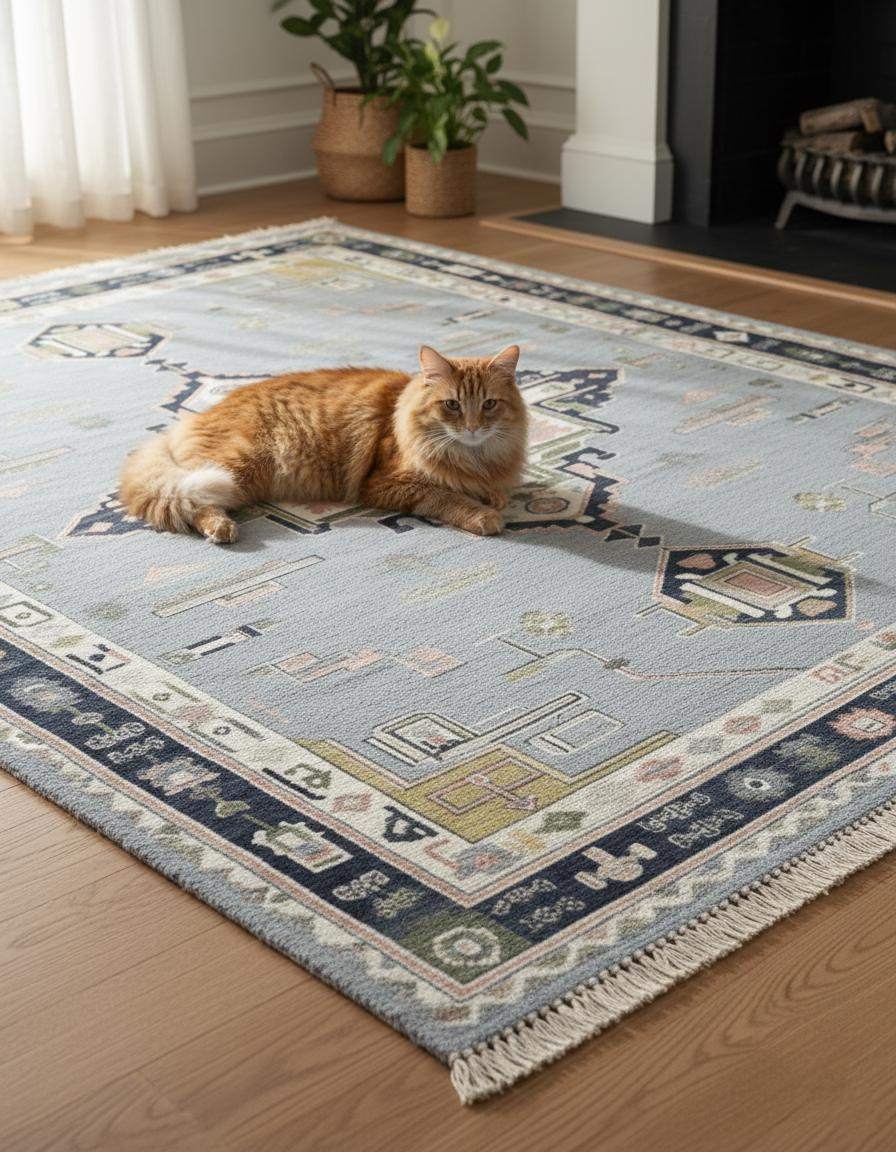Modern Heriz Rug with geometric diamond medallion in gray and navy wool