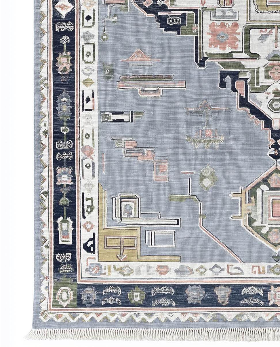 Modern Heriz rug with geometric diamond pattern in gray and navy wool