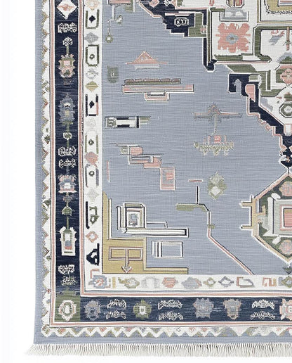 Modern Heriz rug with geometric diamond pattern in gray and navy wool