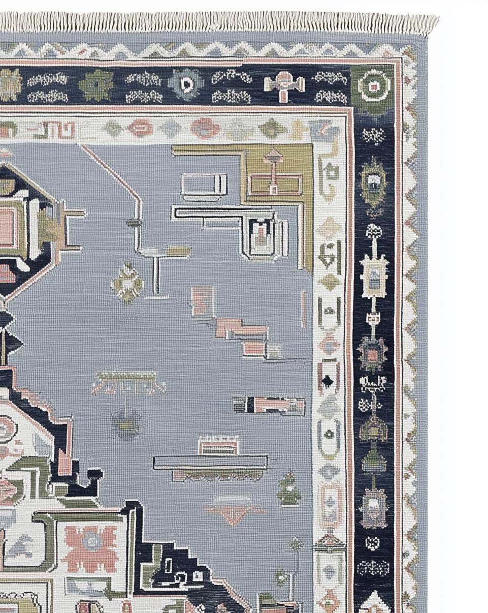Modern Heriz rug with geometric diamond pattern in gray and navy wool