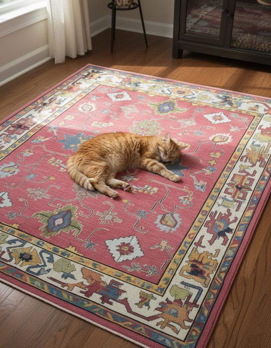 Red abstract floral knotted area rug with colorful geometric motifs and detailed border in boho Turkish style
