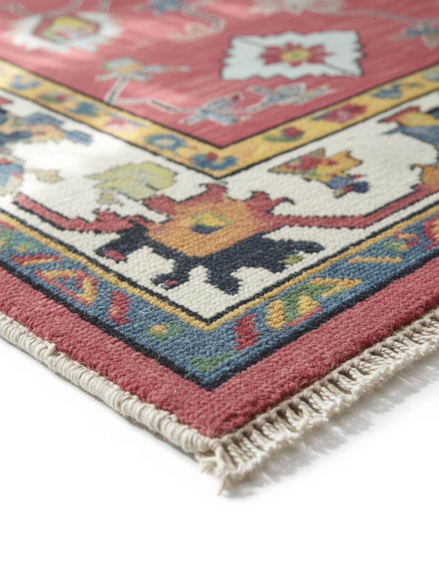 Red abstract floral knotted area rug with geometric motifs and multicolor border in boho Turkish style