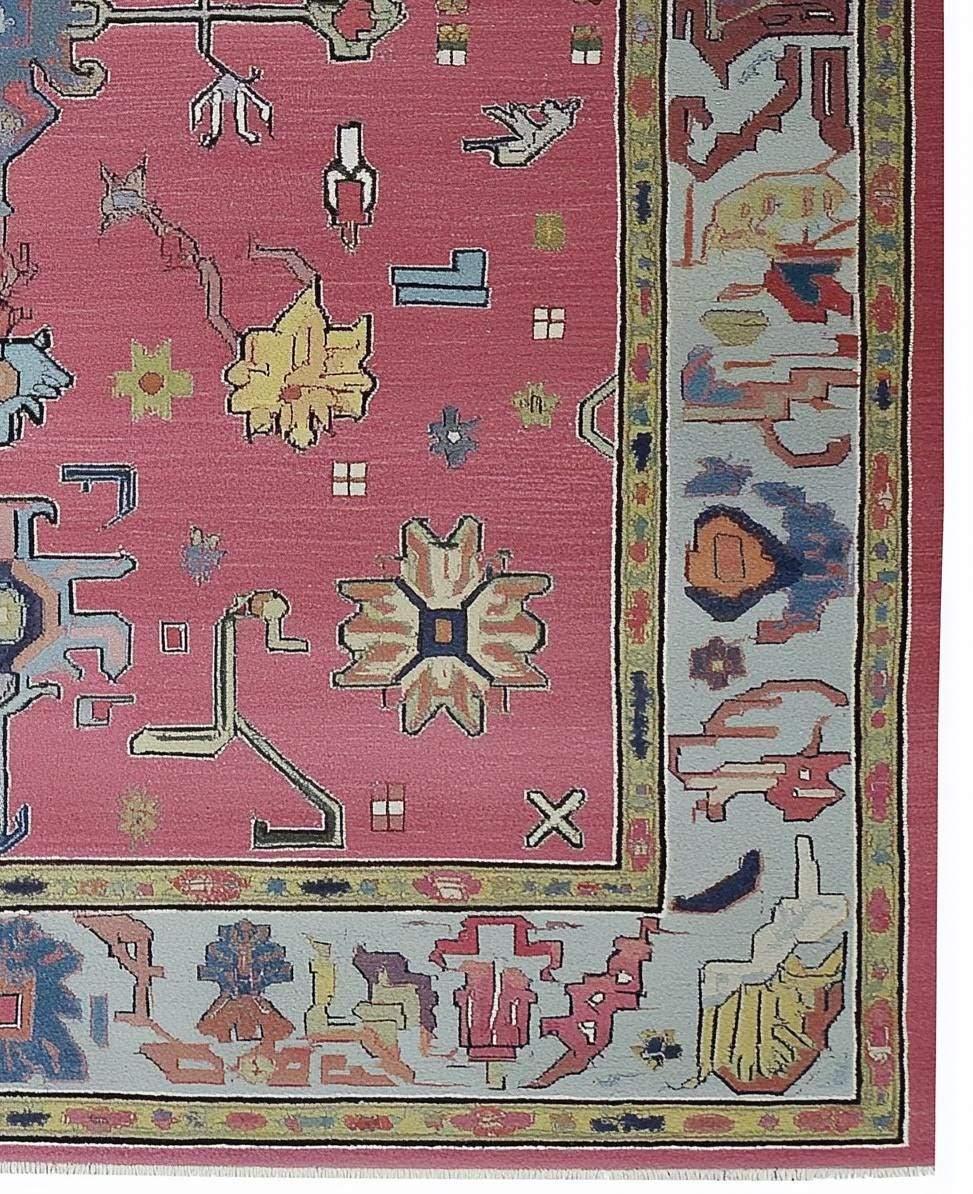 Dusty Rose Oushak Rug hand-tufted wool floral carpet in dusty blue and pink with geometric patterns