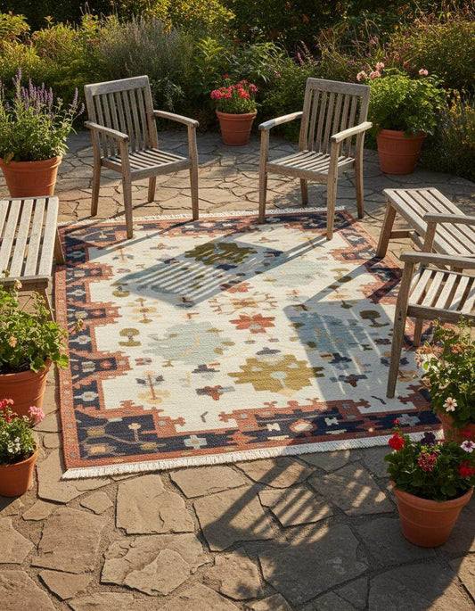 Handwoven Southwestern kilim rug with cream, rust, navy geometric patterns and fringed edges