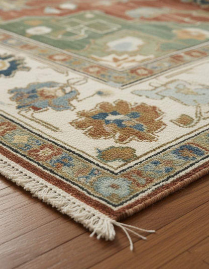 Distressed terracotta medallion rug with vintage Oushak design and botanical accents