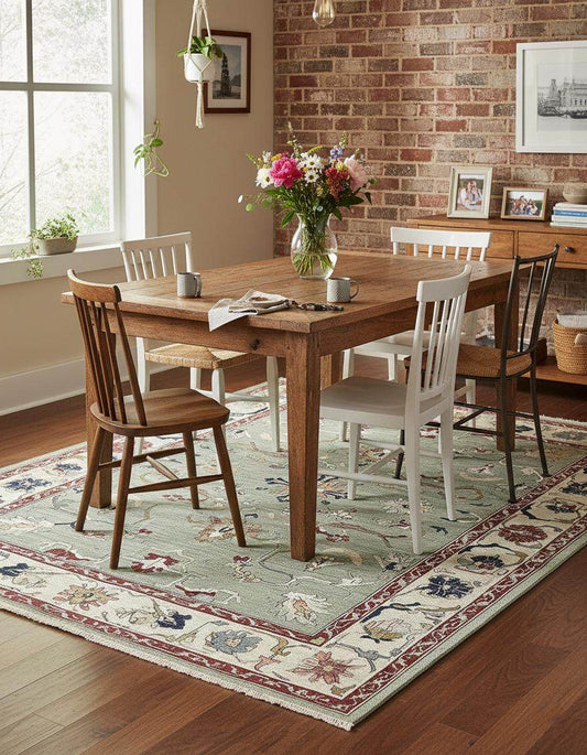 Sage green Oushak rug with hand-tufted wool floral and vine pattern in muted terracotta, navy, and cream colors