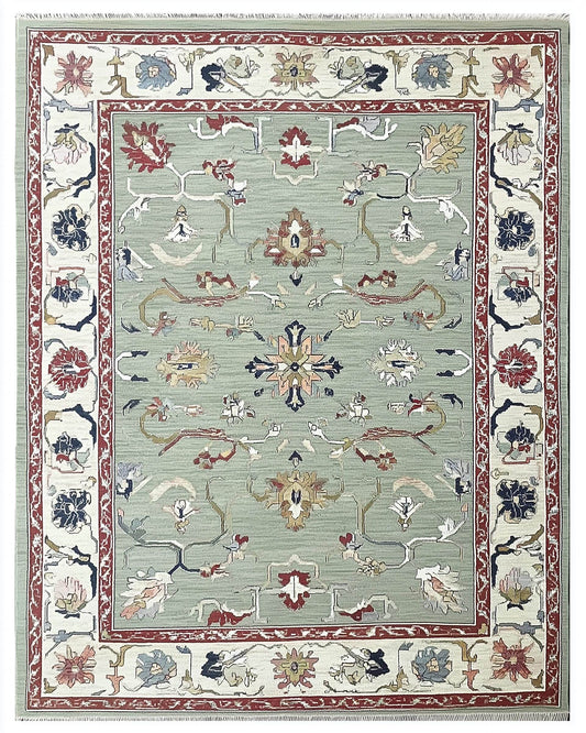 Hand-tufted sage green Oushak rug with floral and vine patterns in wool