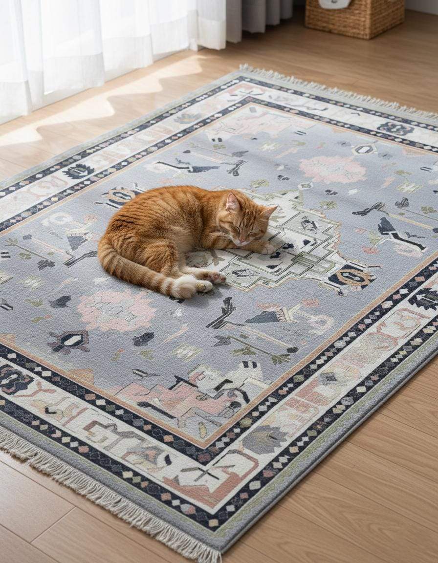 Soft gray Oushak rug with pastel geometric medallion and hand-tufted wool design