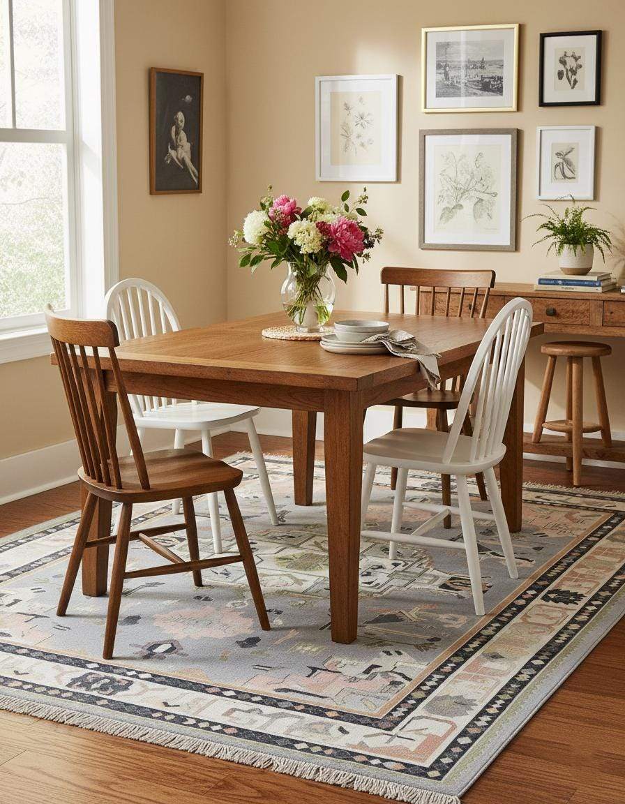 Soft gray Oushak rug with pastel geometric medallion and hand-tufted wool texture
