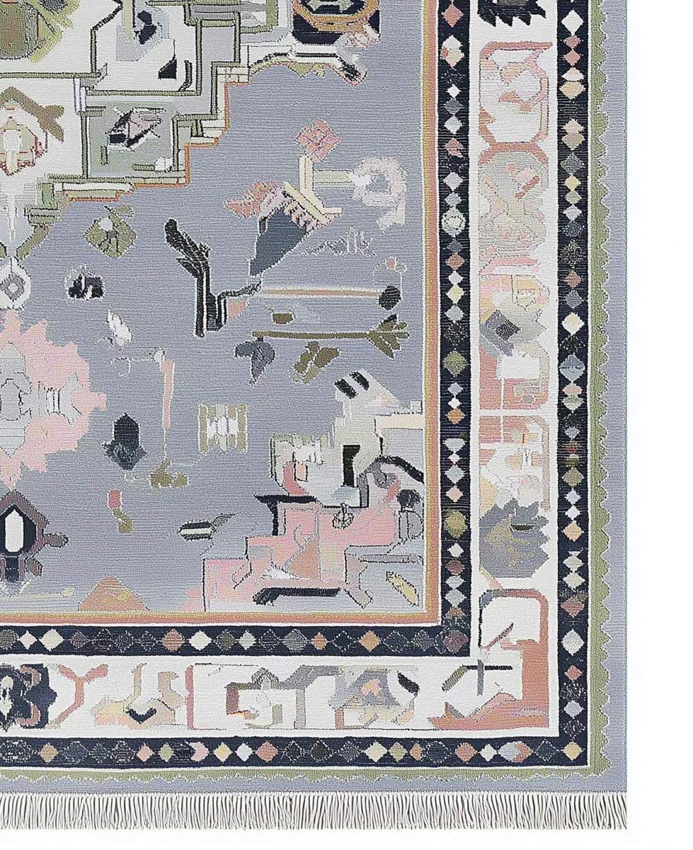 Soft gray Oushak rug with pastel geometric medallion, hand-tufted wool and subtle blush, sage, and navy accents