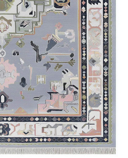 Soft gray Oushak rug with pastel geometric medallion, hand-tufted wool and subtle blush, sage, and navy accents