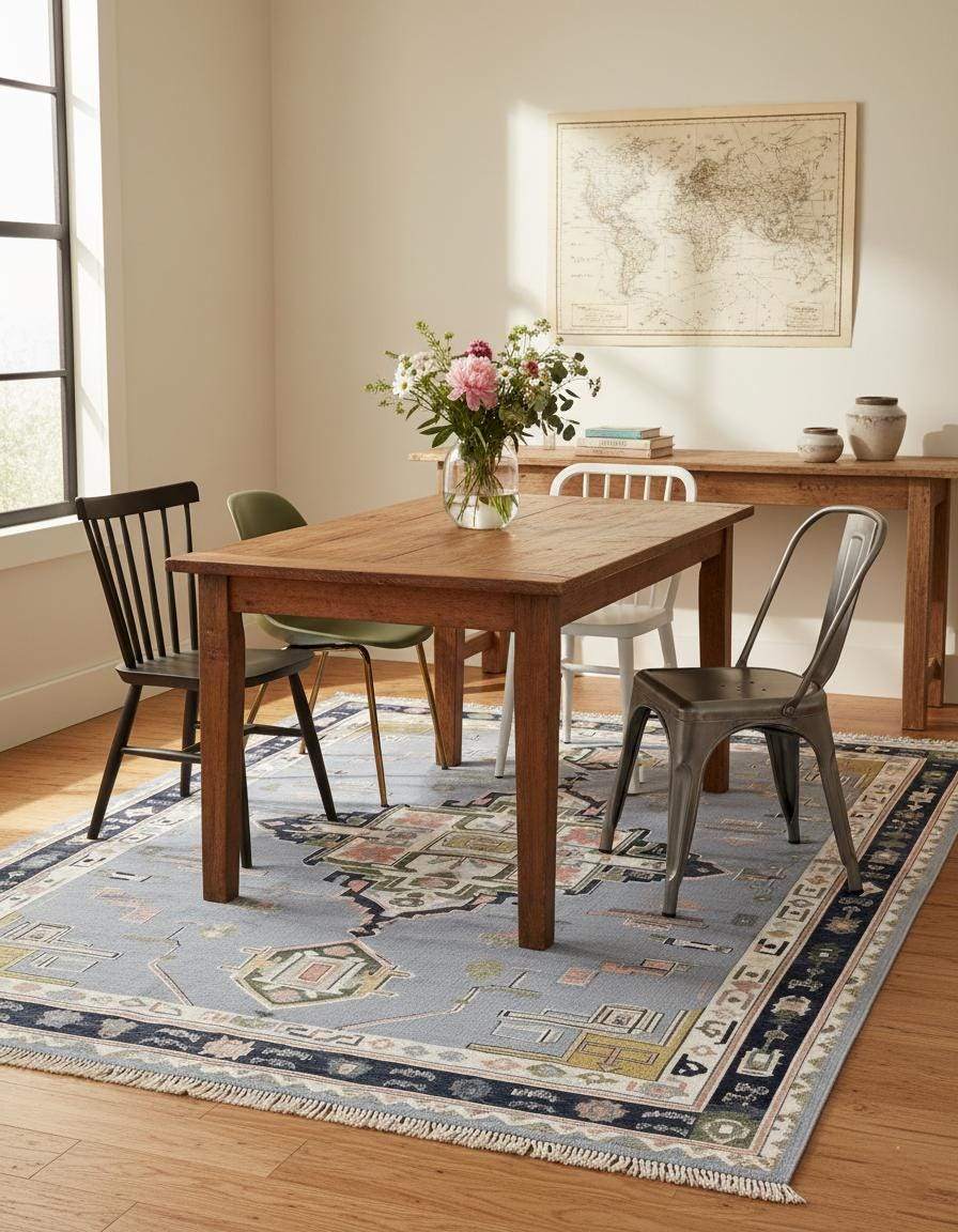 Modern Heriz rug with geometric diamond pattern in gray and navy wool