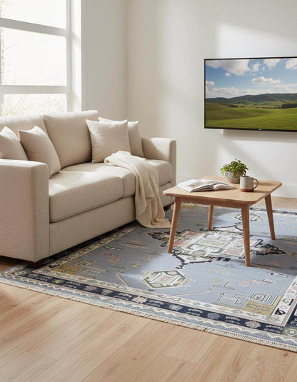 Modern Heriz rug with geometric diamond pattern in gray and navy wool fibers