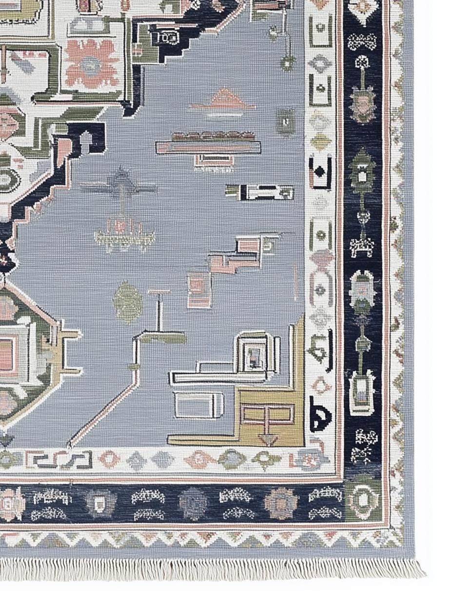 Modern Heriz rug with geometric diamond pattern in gray and navy wool
