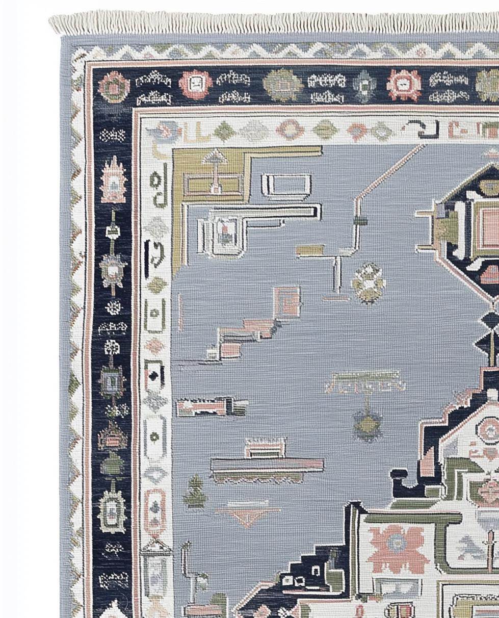 Modern Heriz rug with geometric diamond medallion in gray and navy wool