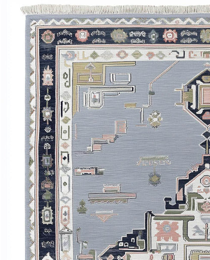 Modern Heriz rug with geometric diamond medallion in gray and navy wool