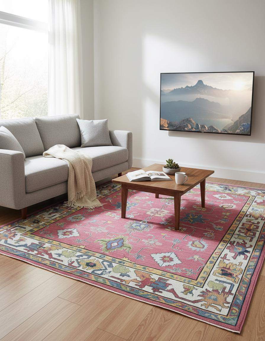 Red abstract floral knotted area rug with colorful geometric motifs and detailed border in boho Turkish style
