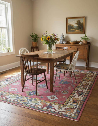 Red abstract floral knotted area rug with colorful geometric motifs and detailed border in boho Turkish style