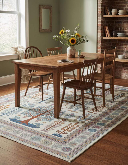 Terracotta Oushak wool rug with geometric Southwestern hand-tufted design in warm earthy tones