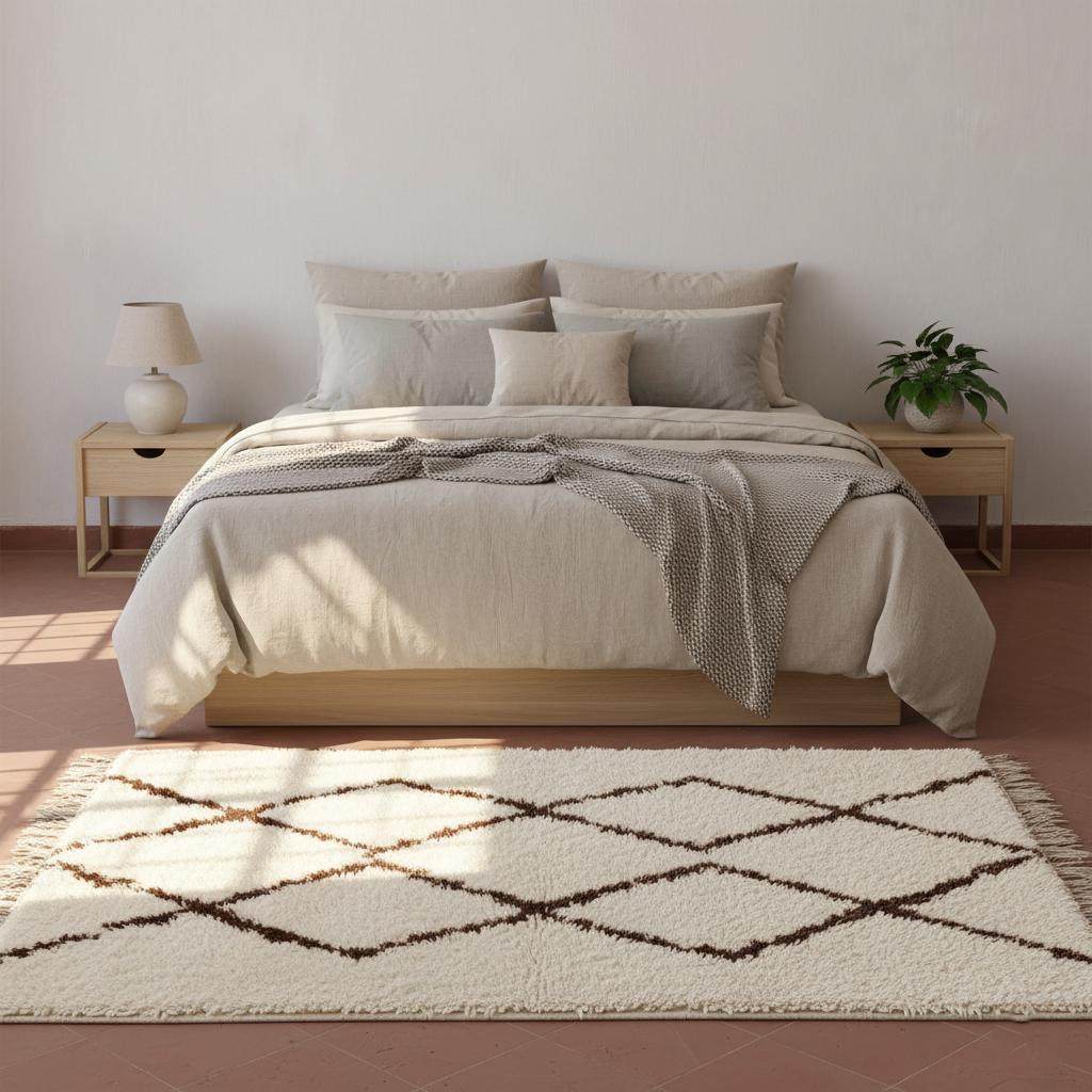Handmade Moroccan shag rug with ivory background and dark brown diamond pattern, plush high-pile texture for boho minimalist decor