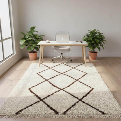 Ivory and dark brown handmade Moroccan shag rug with diamond pattern in boho minimalist living room setting