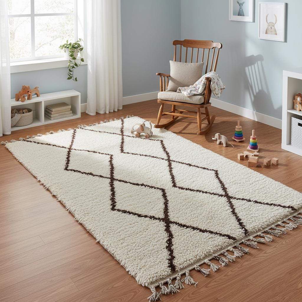 Handmade Moroccan shag rug with ivory background and dark brown diamond pattern, plush high-pile boho accent rug