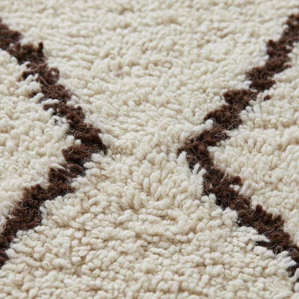 Handmade Moroccan shag rug in ivory with dark brown diamond pattern, plush high-pile boho accent for living room or bedroom