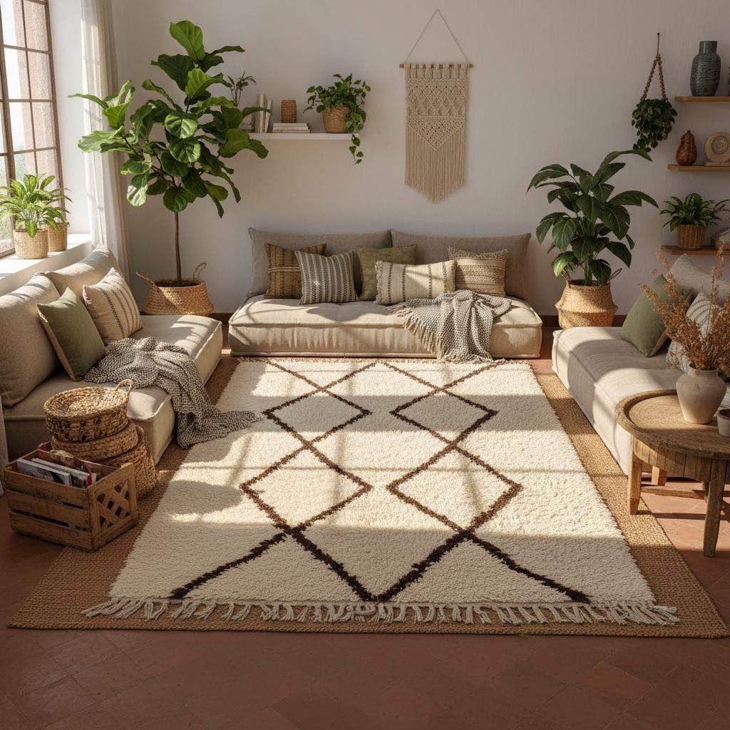 Handmade Moroccan shag rug with ivory background and dark brown diamond pattern, plush high-pile texture, modern boho accent