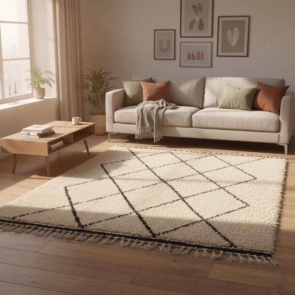 Oversized Beni Ourain wool rug with ivory base and black diamond pattern, hand-knotted Moroccan design