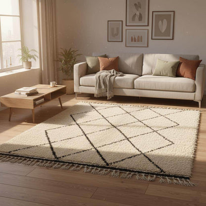 Oversized Beni Ourain wool rug with ivory base and black diamond pattern, hand-knotted Moroccan design