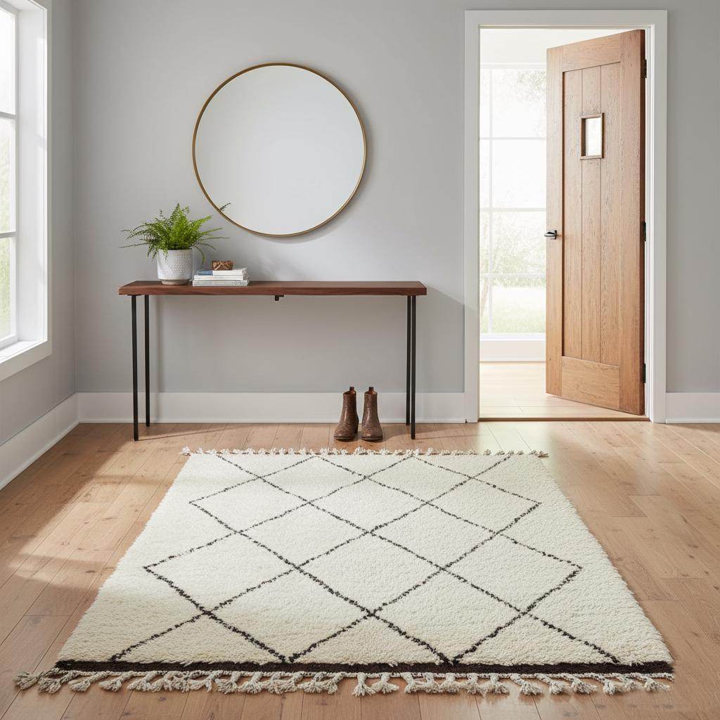 Oversized Beni Ourain wool rug with ivory base and black diamond pattern, hand-knotted Moroccan design