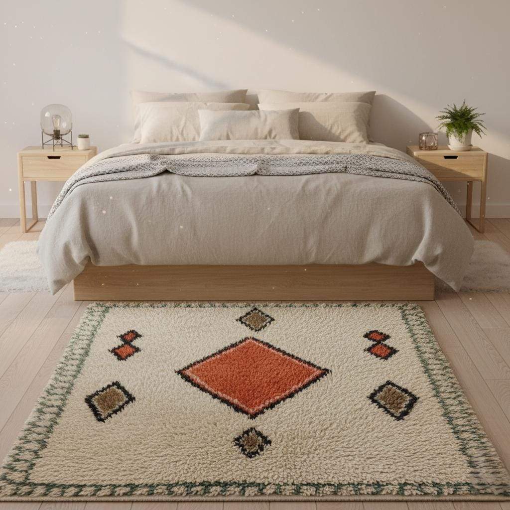 Handmade wool area rug with geometric diamond pattern in cream, brick red, tan, and muted green boho Moroccan style