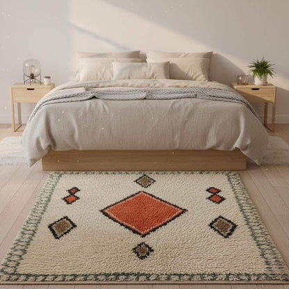 Handmade wool area rug with geometric diamond pattern in cream, brick red, tan, and muted green boho Moroccan style