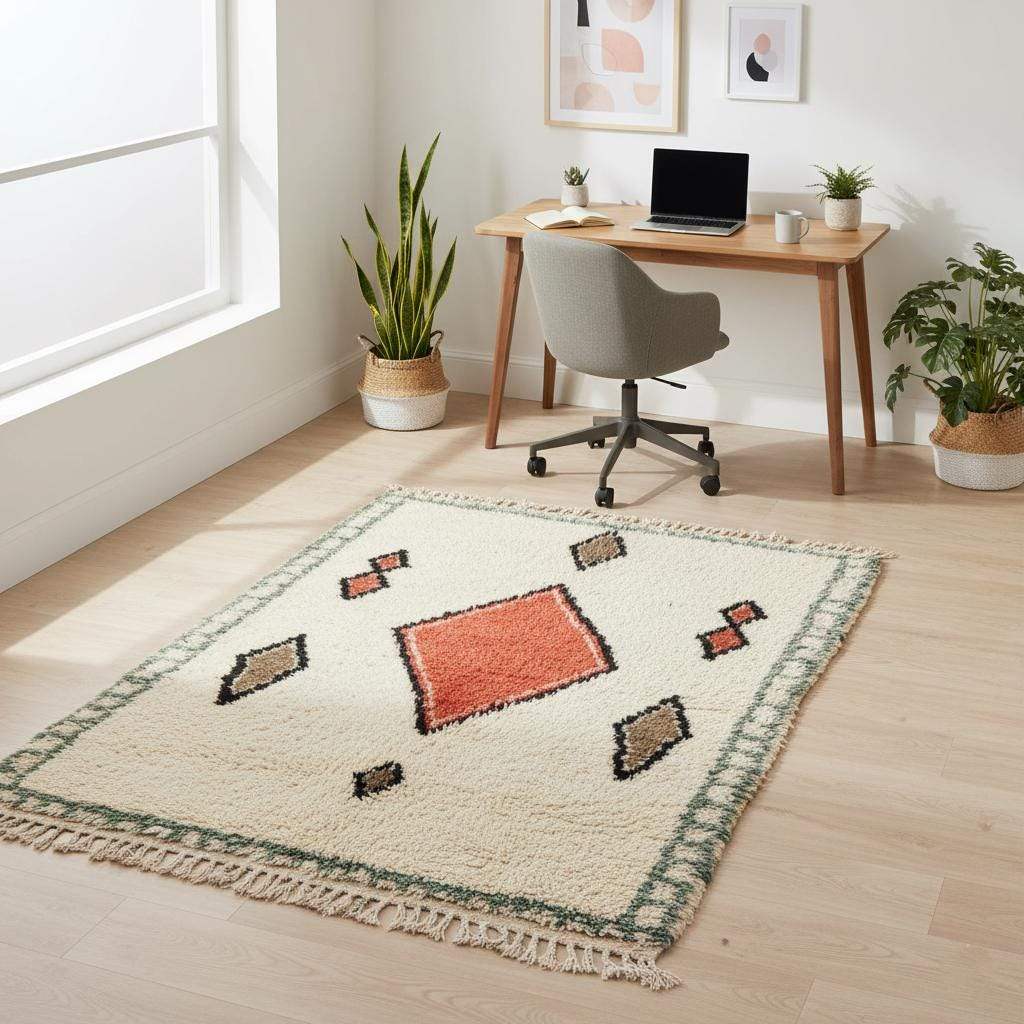 Handmade wool area rug with geometric diamond pattern in cream, brick red, tan, and muted green boho Moroccan style