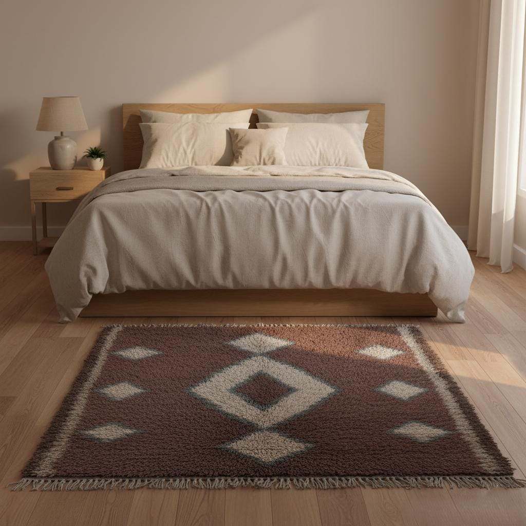 Vintage hand-woven Moroccan rug with brown and cream diamond Berber pattern, soft wool texture, and subtle blue edging.