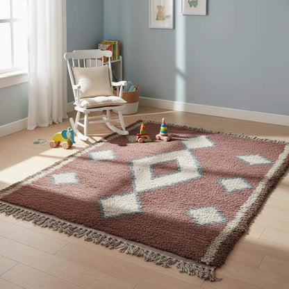 Vintage hand-woven Moroccan rug with brown base, cream diamond Berber pattern, and subtle blue edges