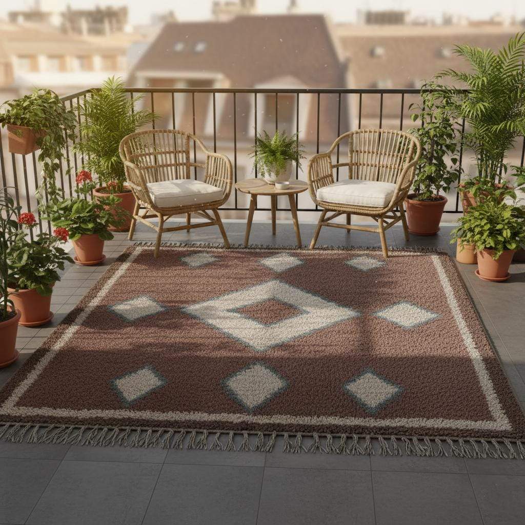Vintage hand-woven Moroccan rug with brown background and cream diamond Berber pattern