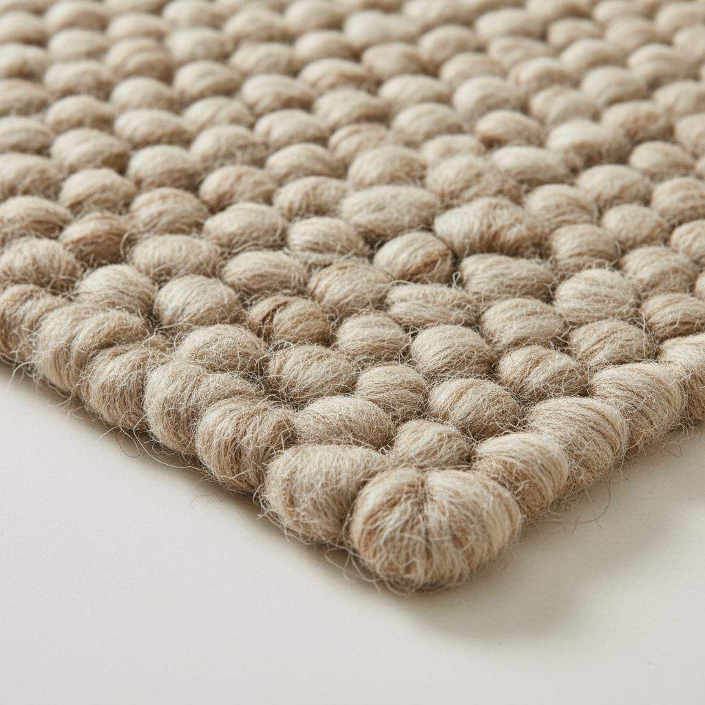 Handmade textured wool mat in natural beige with chunky pebble design for modern home décor