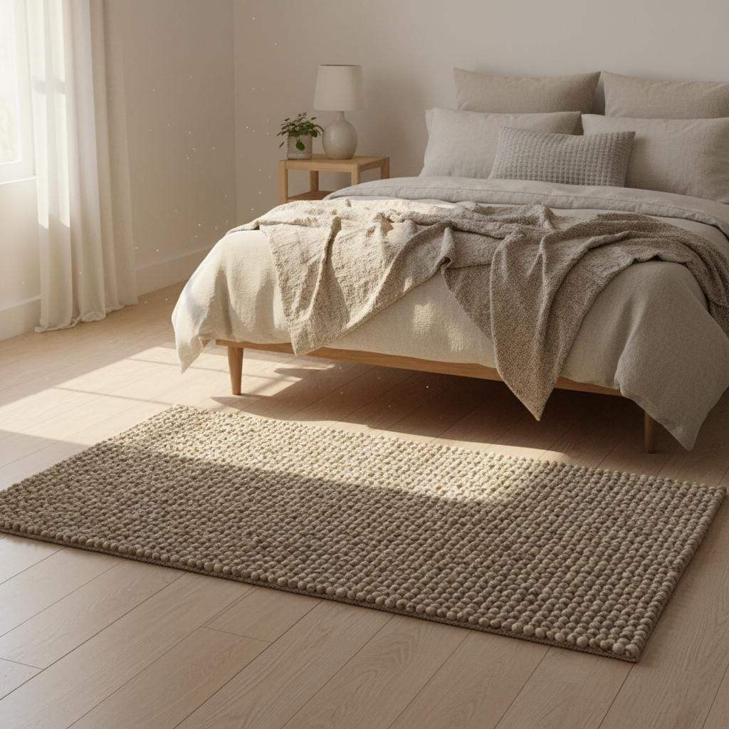 Handmade textured wool mat in natural beige with chunky pebble knit for modern home decor