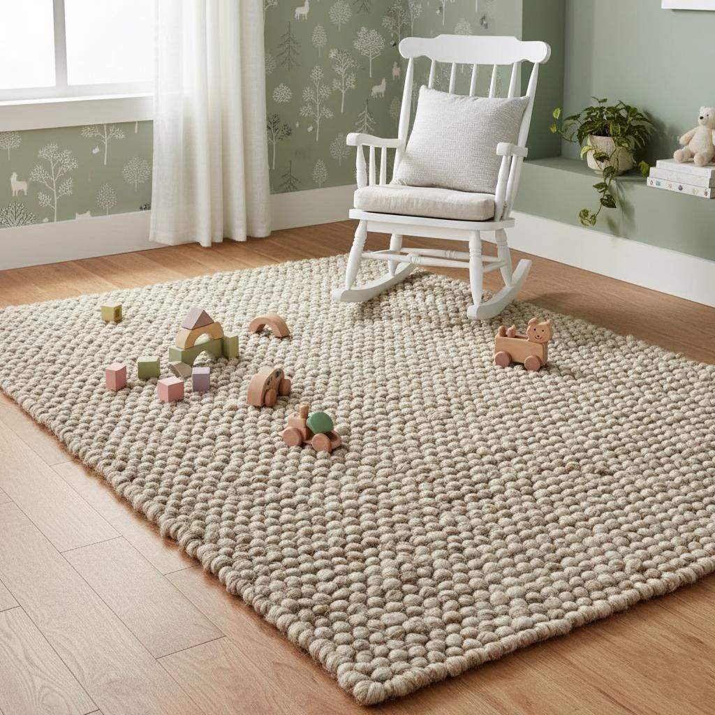 Handmade textured wool mat in natural beige with chunky pebble design for modern home decor