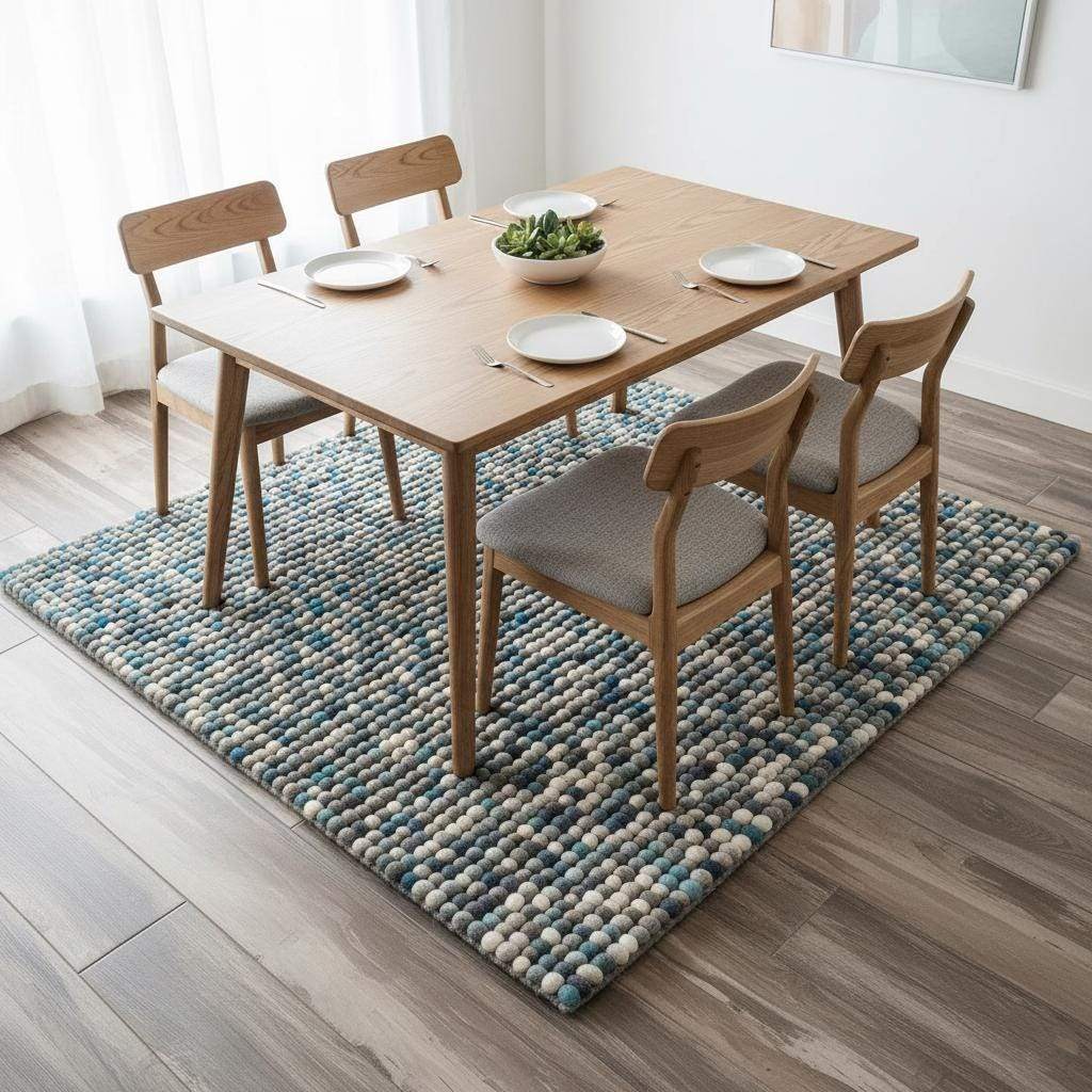 Handcrafted felt ball rug in teal, beige, and grey wool with pebble texture for cozy home décor