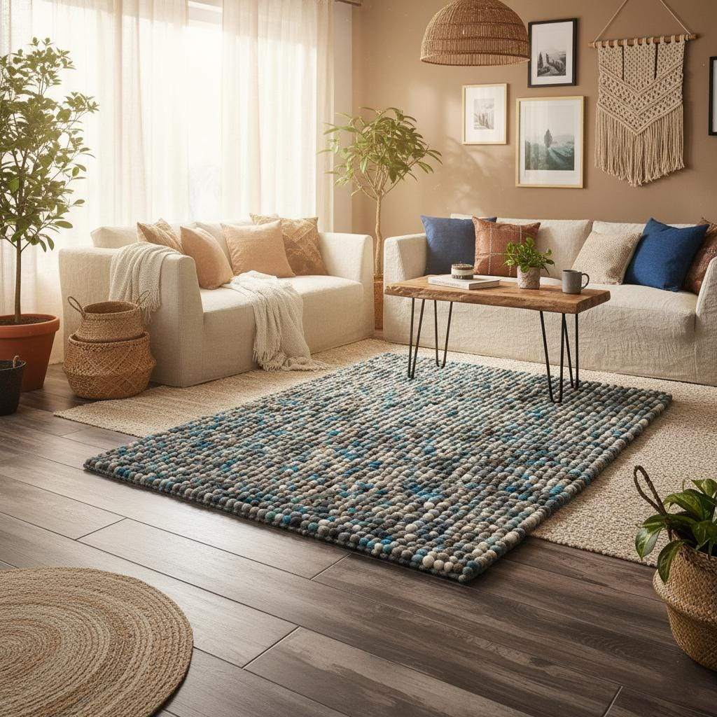 Handcrafted felt ball rug in teal, beige, and grey wool with pebble texture for cozy, eco-friendly home décor