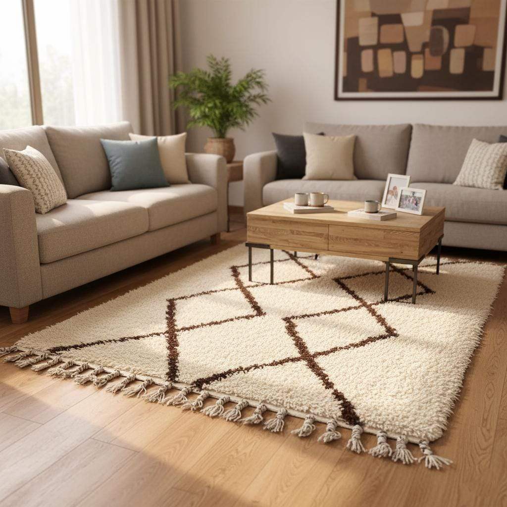 Handmade Moroccan shag rug with ivory background and dark brown diamond pattern, plush high-pile texture, boho minimalist decor accent